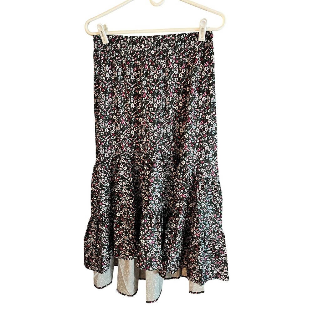 Floral Midi‎ Skirt Womens Medium Black Pink Elastic Waist Tiered Ruffle